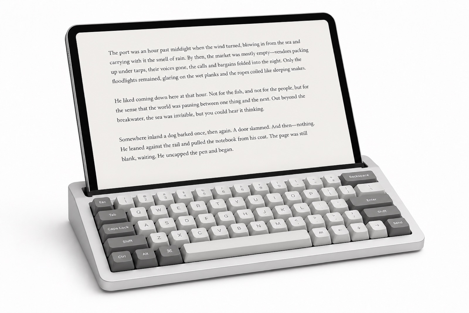 Keyboard — mechanical keys with an iPad seated in the milled slot