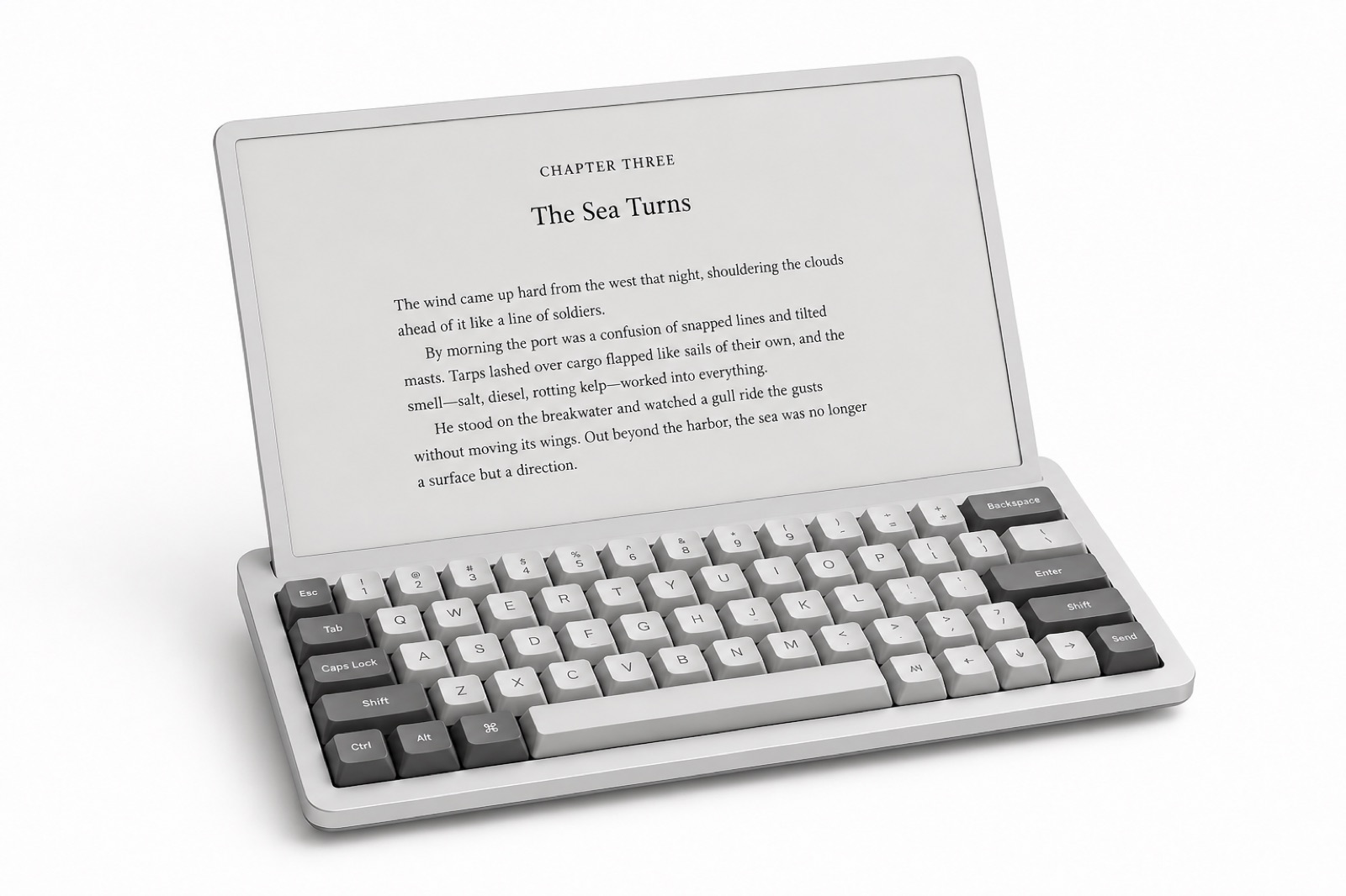 Typewriter e-ink showing a typeset chapter — write, then read