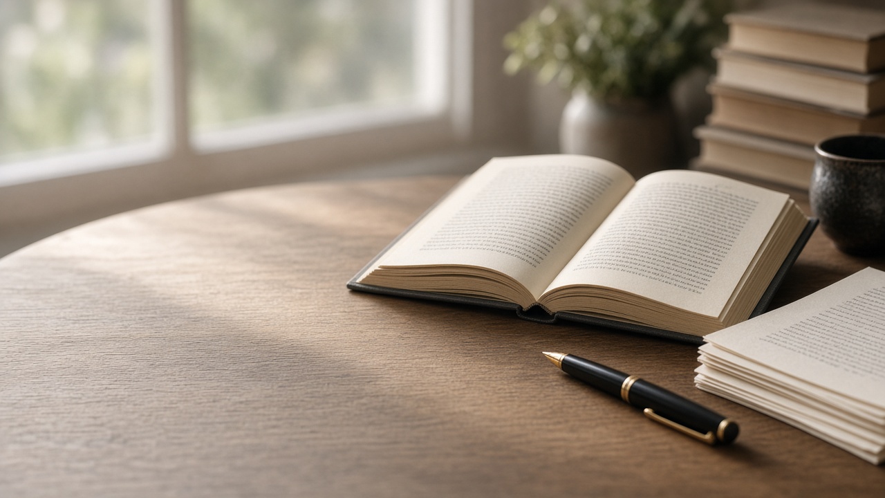 Manuscript pages and pen on a writer's desk
